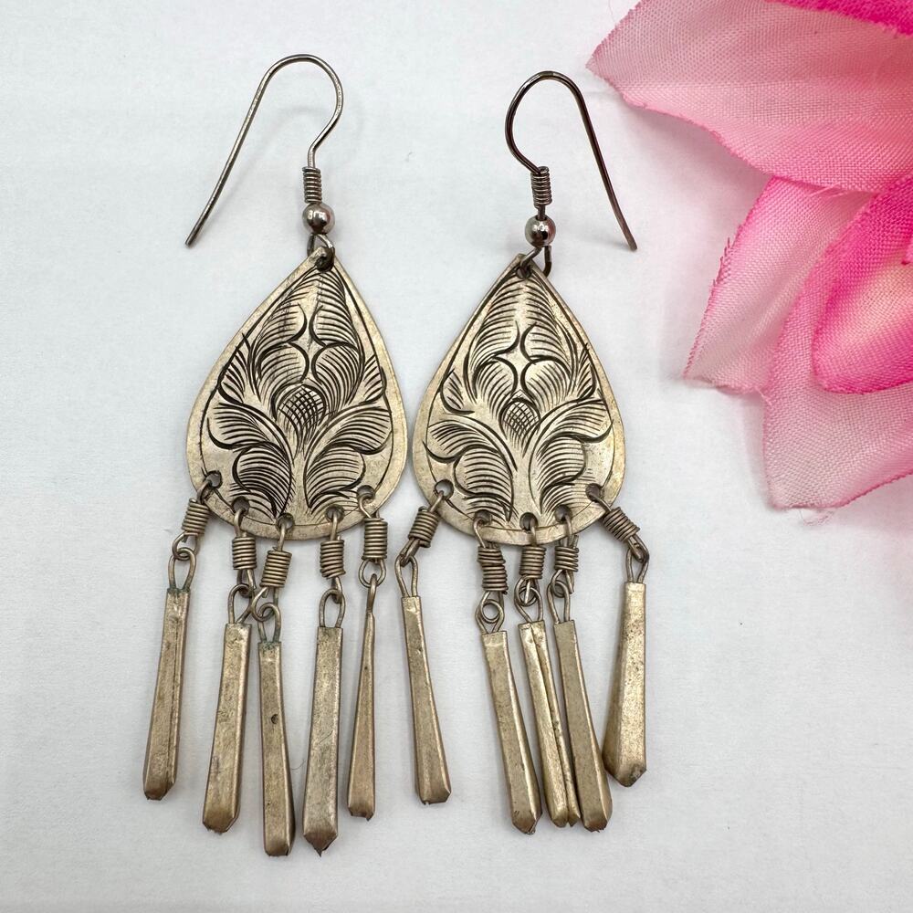 Boho Earrings Etched Floral Teardrop Dangle Handmade Festival Ethnic Lighteight
